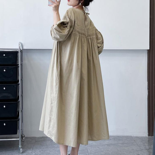 Pintuck Balloon Sleeve Maxi Dress |  Relaxed Round Neck Dress -  Écru Doux