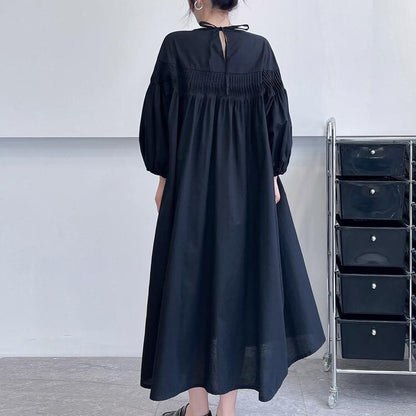 Pintuck Balloon Sleeve Maxi Dress |  Relaxed Round Neck Dress -  Écru Doux
