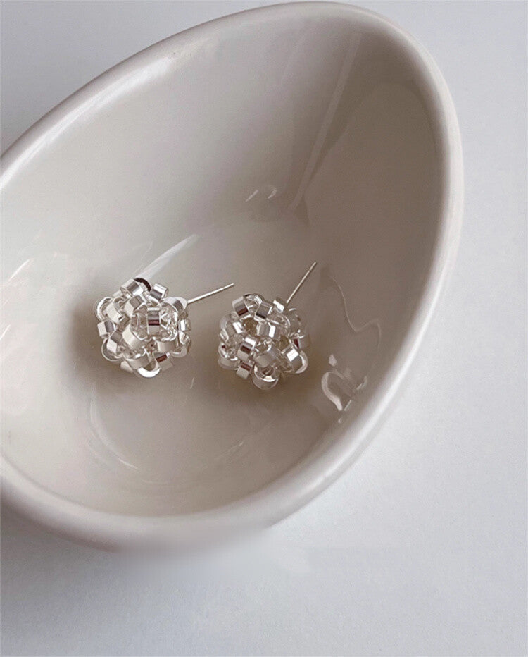 Woven Ball Stud Earrings | Minimalist Silver Sphere Earrings -  Écru Doux