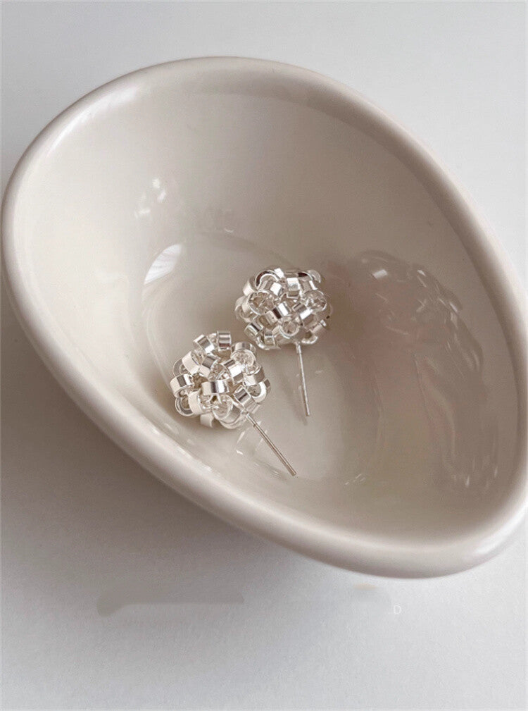 Woven Ball Stud Earrings | Minimalist Silver Sphere Earrings -  Écru Doux