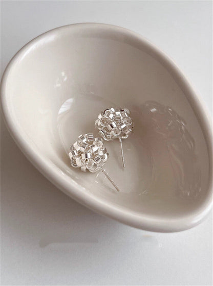 Woven Ball Stud Earrings | Minimalist Silver Sphere Earrings -  Écru Doux