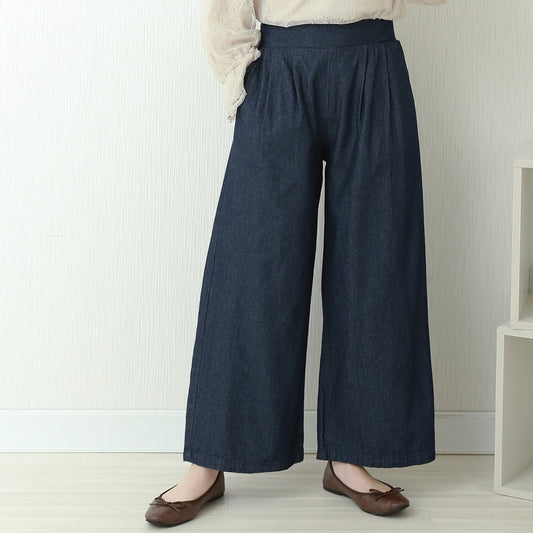 Lightweight Double Tuck Wide Leg Denim Pants | Elastic Waist -  Écru Doux