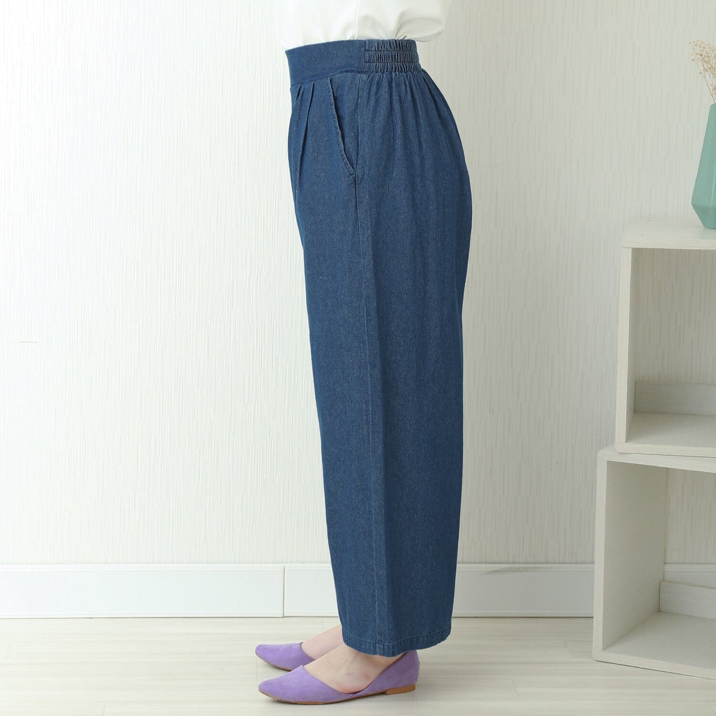 Lightweight Double Tuck Wide Leg Denim Pants | Elastic Waist -  Écru Doux