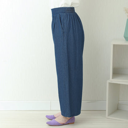 Lightweight Double Tuck Wide Leg Denim Pants | Elastic Waist -  Écru Doux
