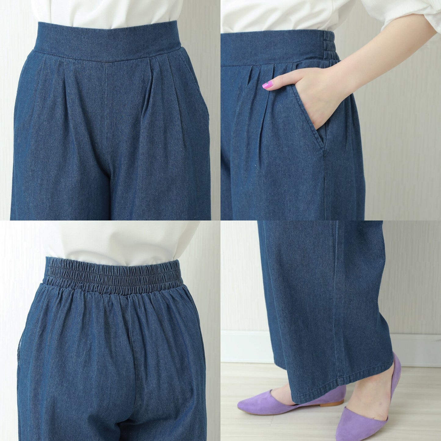 Lightweight Double Tuck Wide Leg Denim Pants | Elastic Waist -  Écru Doux