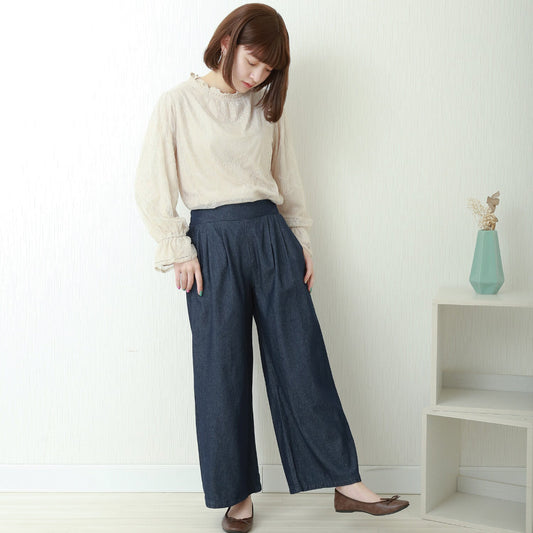 Lightweight Double Tuck Wide Leg Denim Pants | Elastic Waist -  Écru Doux