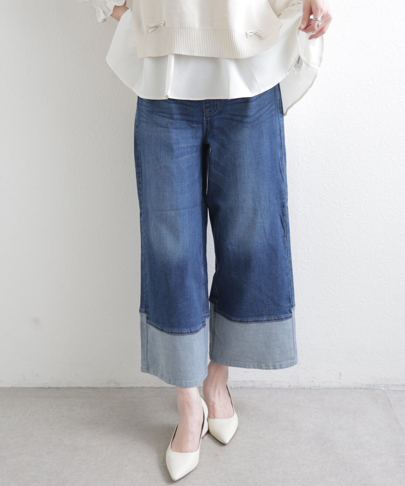 Turnback Wide Leg Denim Pants  Relaxed Roll-Up Jeans -  Écru Doux
