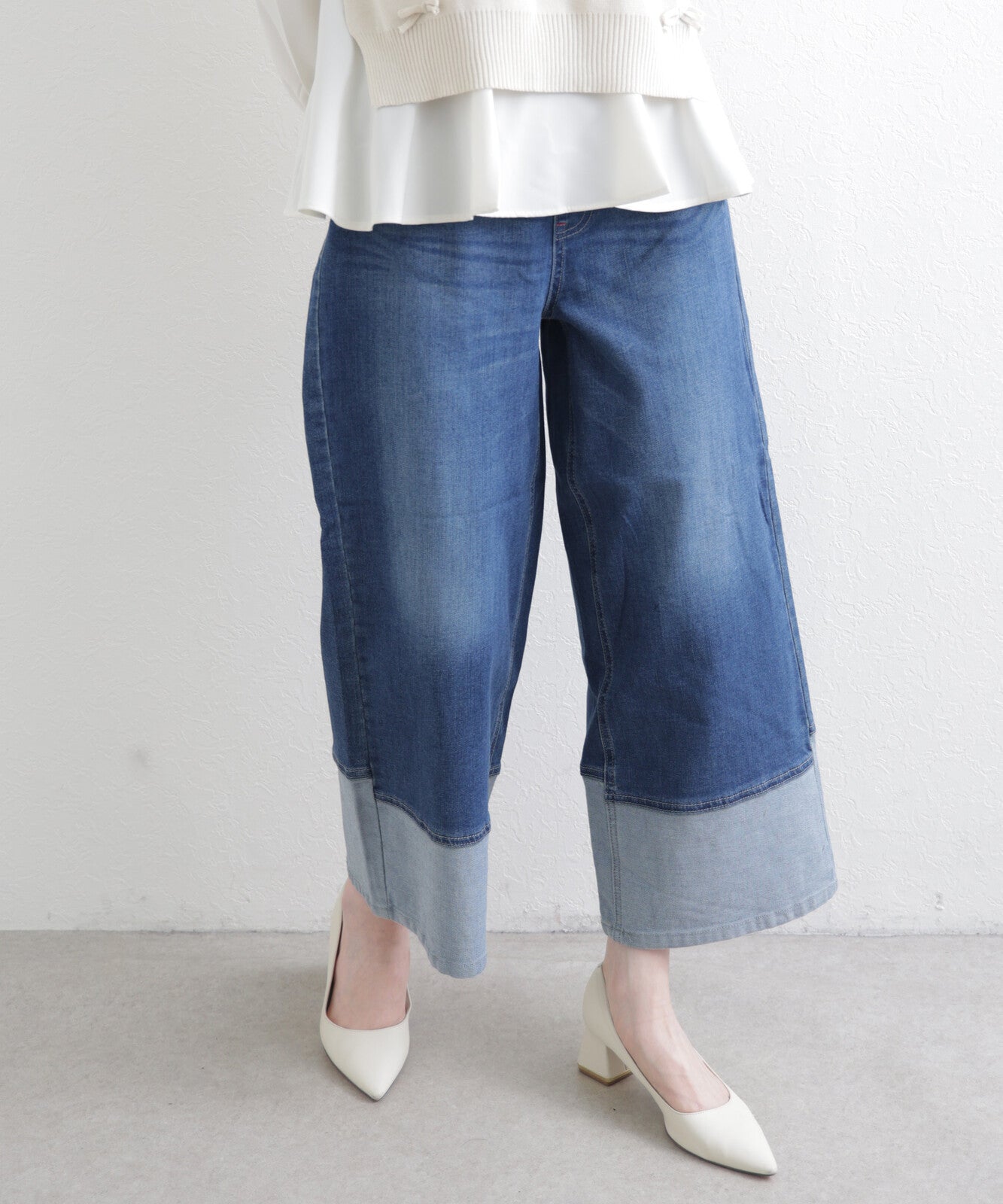 Turnback Wide Leg Denim Pants  Relaxed Roll-Up Jeans -  Écru Doux