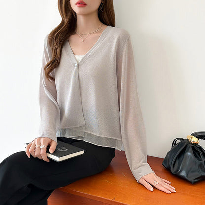Sheer Knit Cardigan | Lightweight Summer V-Neck Cover-Up -  Écru Doux