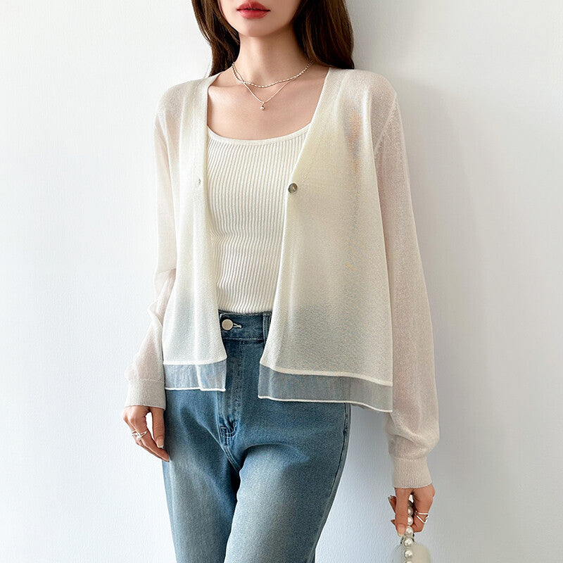Sheer Knit Cardigan | Lightweight Summer V-Neck Cover-Up -  Écru Doux