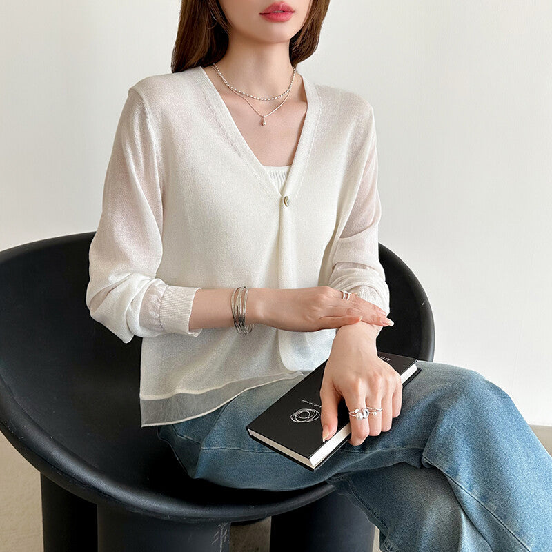 Sheer Knit Cardigan | Lightweight Summer V-Neck Cover-Up -  Écru Doux