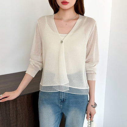 Sheer Knit Cardigan | Lightweight Summer V-Neck Cover-Up -  Écru Doux