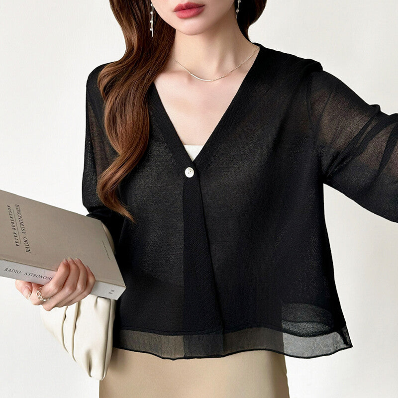 Sheer Knit Cardigan | Lightweight Summer V-Neck Cover-Up -  Écru Doux