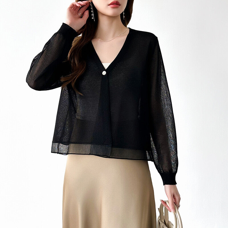 Sheer Knit Cardigan | Lightweight Summer V-Neck Cover-Up -  Écru Doux