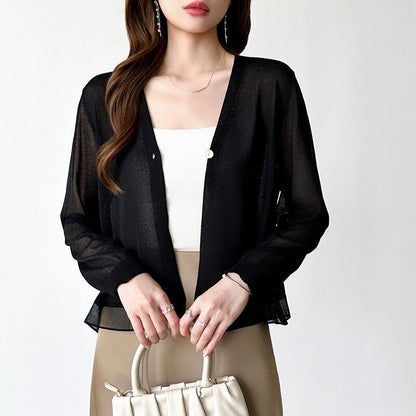 Sheer Knit Cardigan | Lightweight Summer V-Neck Cover-Up -  Écru Doux