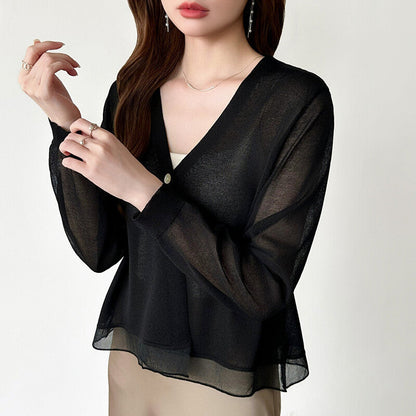 Sheer Knit Cardigan | Lightweight Summer V-Neck Cover-Up -  Écru Doux