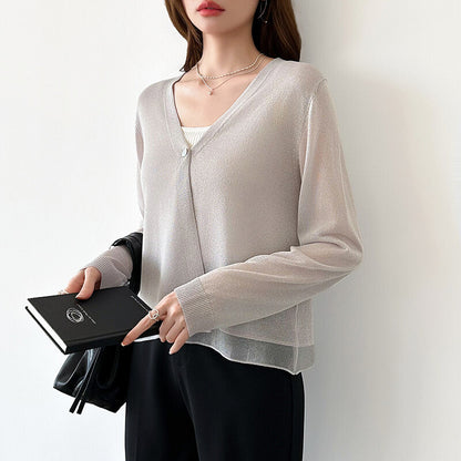 Sheer Knit Cardigan | Lightweight Summer V-Neck Cover-Up -  Écru Doux