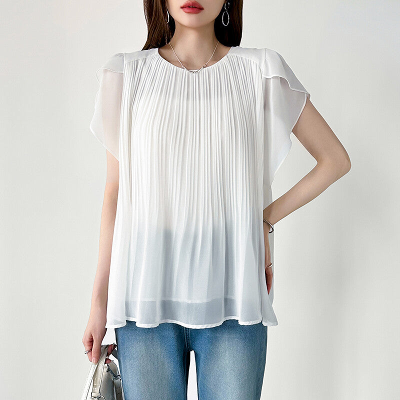Pleated Chiffon Blouse | Tulip Sleeve Flowy Top for Women -  Écru Doux