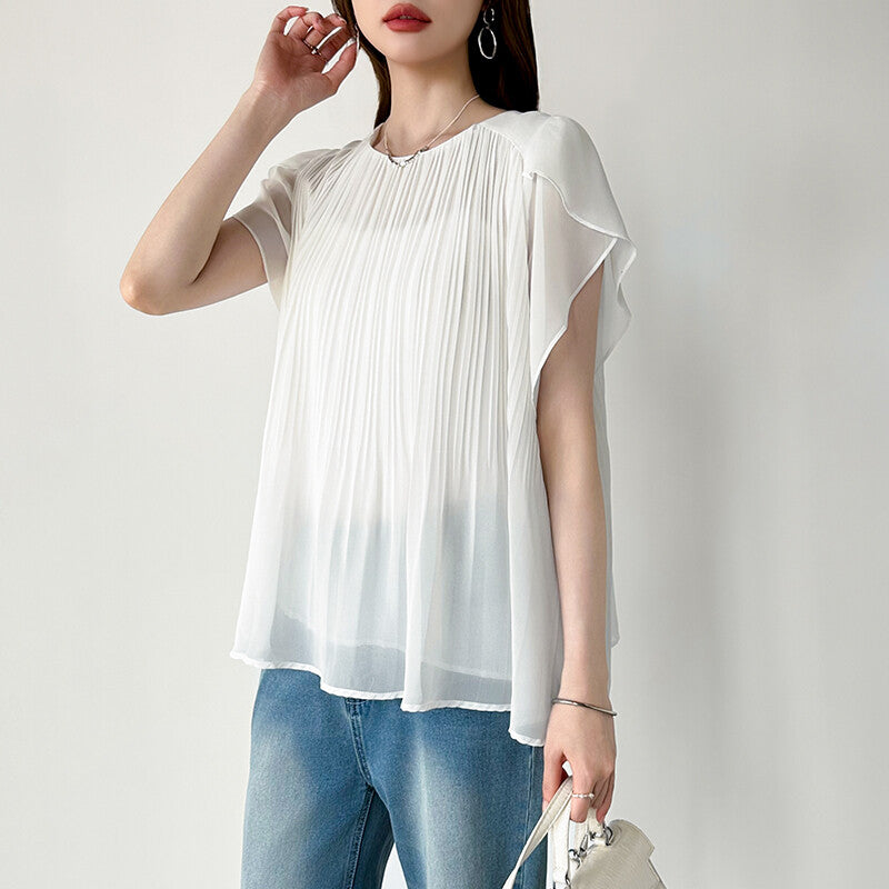 Pleated Chiffon Blouse | Tulip Sleeve Flowy Top for Women -  Écru Doux