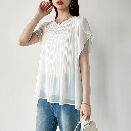 Pleated Chiffon Blouse | Tulip Sleeve Flowy Top for Women -  Écru Doux
