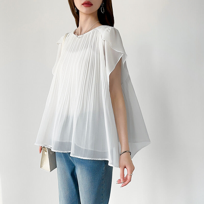 Pleated Chiffon Blouse | Tulip Sleeve Flowy Top for Women -  Écru Doux