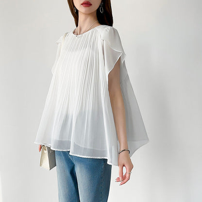 Pleated Chiffon Blouse | Tulip Sleeve Flowy Top for Women -  Écru Doux