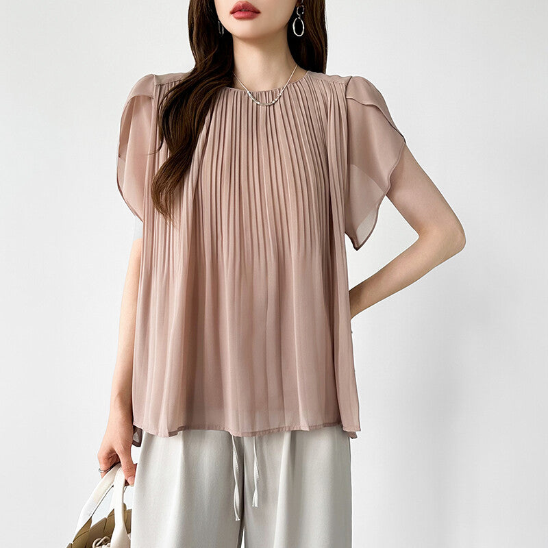 Pleated Chiffon Blouse | Tulip Sleeve Flowy Top for Women -  Écru Doux