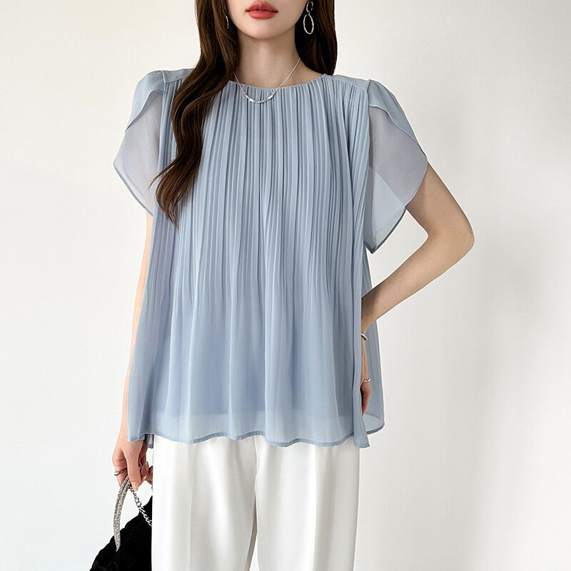 Pleated Chiffon Blouse | Tulip Sleeve Flowy Top for Women -  Écru Doux