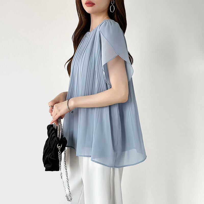 Pleated Chiffon Blouse | Tulip Sleeve Flowy Top for Women -  Écru Doux