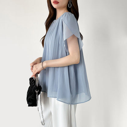 Pleated Chiffon Blouse | Tulip Sleeve Flowy Top for Women -  Écru Doux