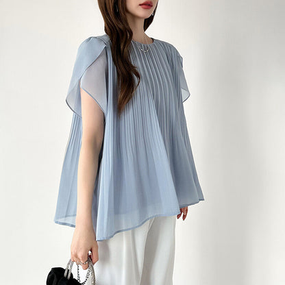 Pleated Chiffon Blouse | Tulip Sleeve Flowy Top for Women -  Écru Doux