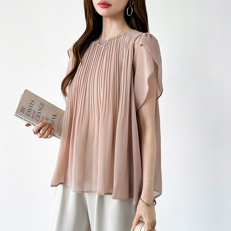 Pleated Chiffon Blouse | Tulip Sleeve Flowy Top for Women -  Écru Doux