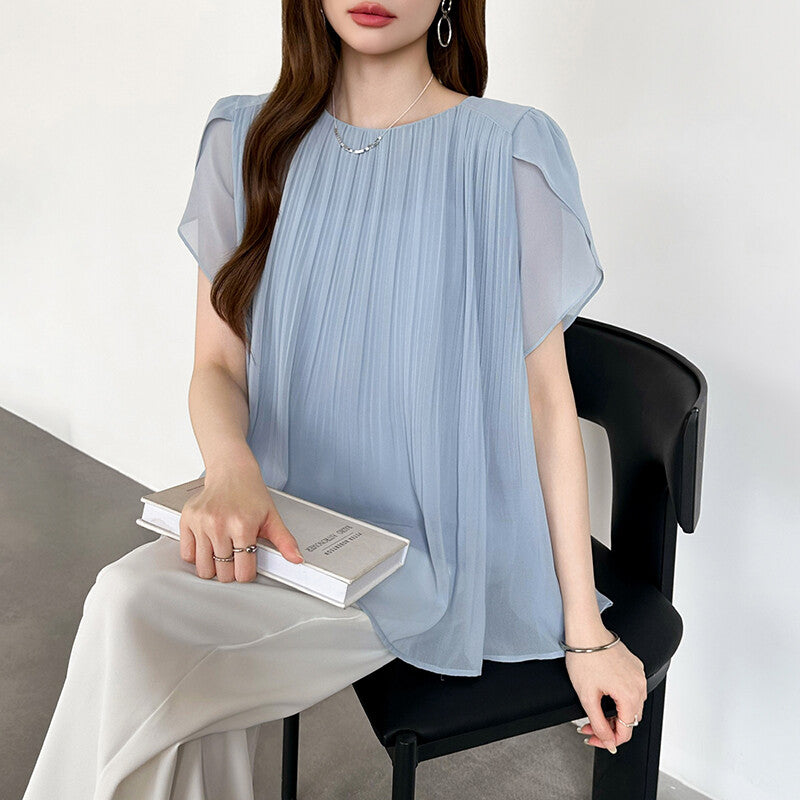 Pleated Chiffon Blouse | Tulip Sleeve Flowy Top for Women -  Écru Doux