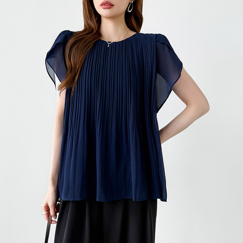 Pleated Chiffon Blouse | Tulip Sleeve Flowy Top for Women -  Écru Doux