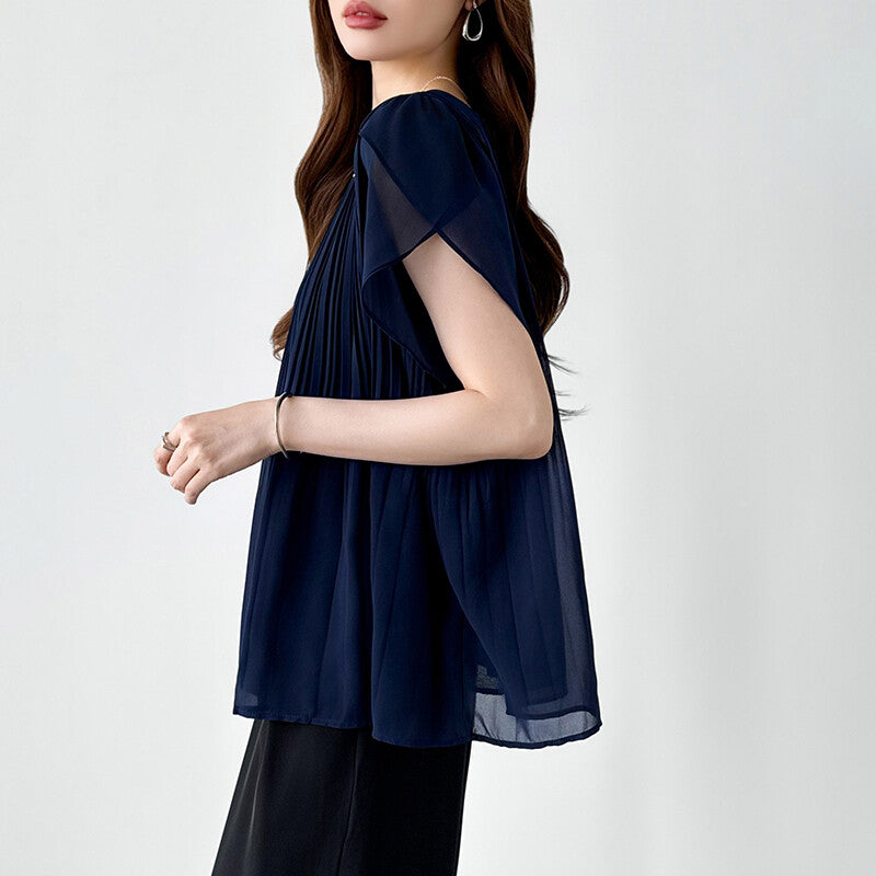 Pleated Chiffon Blouse | Tulip Sleeve Flowy Top for Women -  Écru Doux