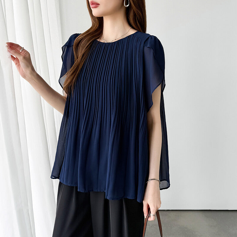 Pleated Chiffon Blouse | Tulip Sleeve Flowy Top for Women -  Écru Doux
