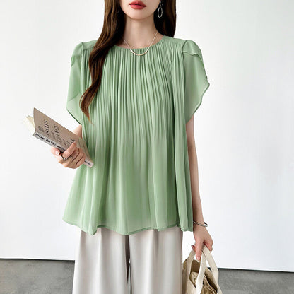Pleated Chiffon Blouse | Tulip Sleeve Flowy Top for Women -  Écru Doux
