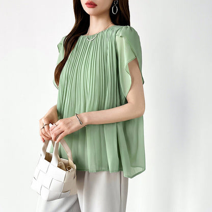 Pleated Chiffon Blouse | Tulip Sleeve Flowy Top for Women -  Écru Doux
