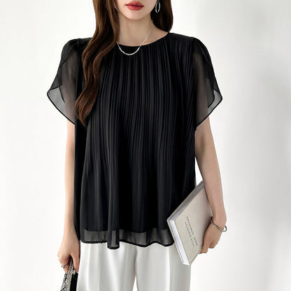 Pleated Chiffon Blouse | Tulip Sleeve Flowy Top for Women -  Écru Doux
