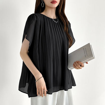 Pleated Chiffon Blouse | Tulip Sleeve Flowy Top for Women -  Écru Doux