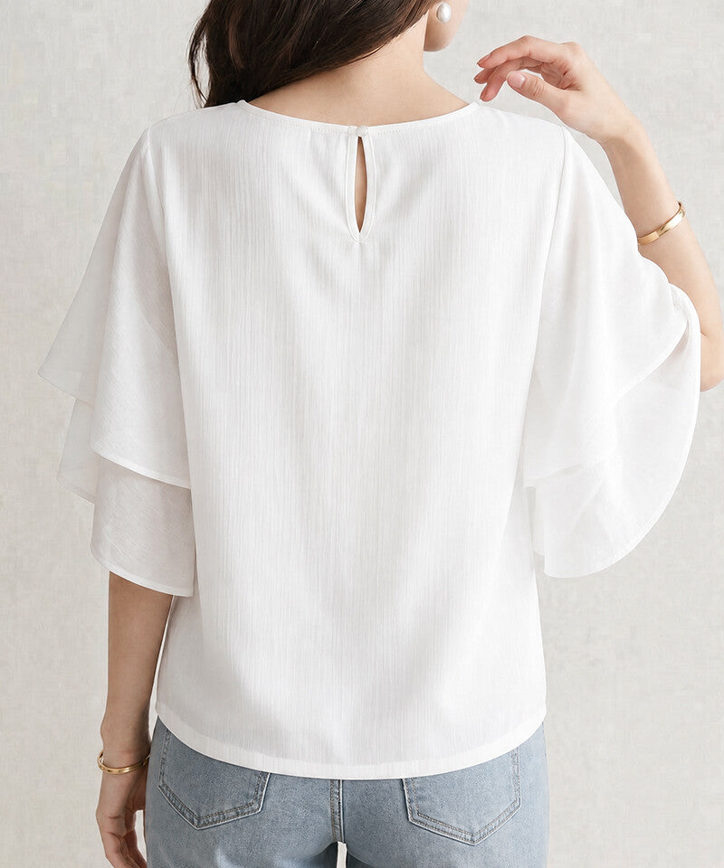 Ruffle Sleeve Chiffon Blouse | Double Frill Arm Cover Top -  Écru Doux