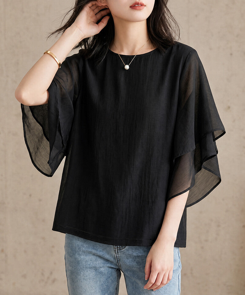 Ruffle Sleeve Chiffon Blouse | Double Frill Arm Cover Top -  Écru Doux