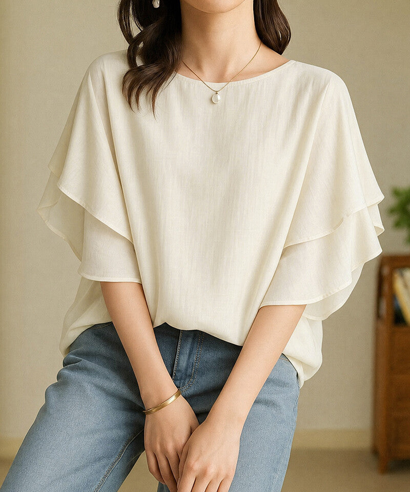 Ruffle Sleeve Chiffon Blouse | Double Frill Arm Cover Top -  Écru Doux