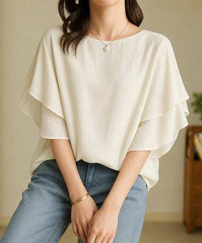 Ruffle Sleeve Chiffon Blouse | Double Frill Arm Cover Top -  Écru Doux