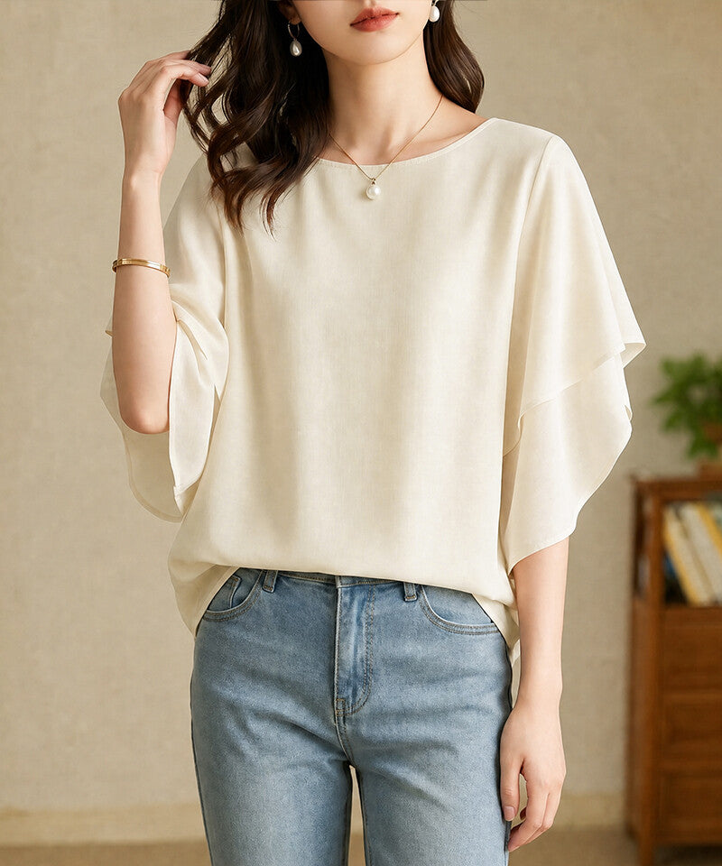 Ruffle Sleeve Chiffon Blouse | Double Frill Arm Cover Top -  Écru Doux
