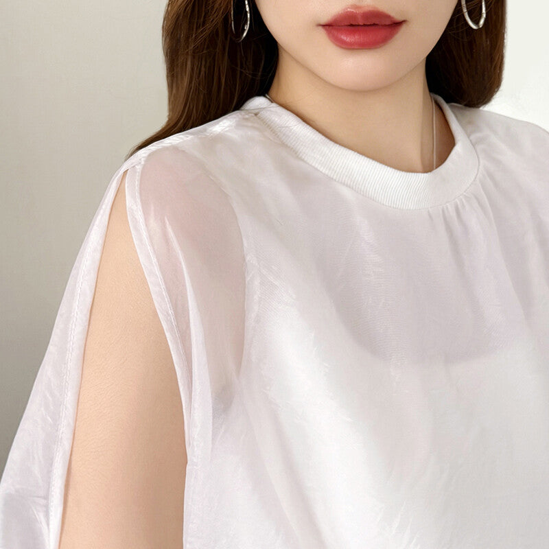Organza Sheer Blouse | Balloon Silhouette Docking Top -  Écru Doux