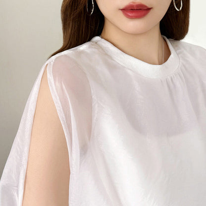 Organza Sheer Blouse | Balloon Silhouette Docking Top -  Écru Doux