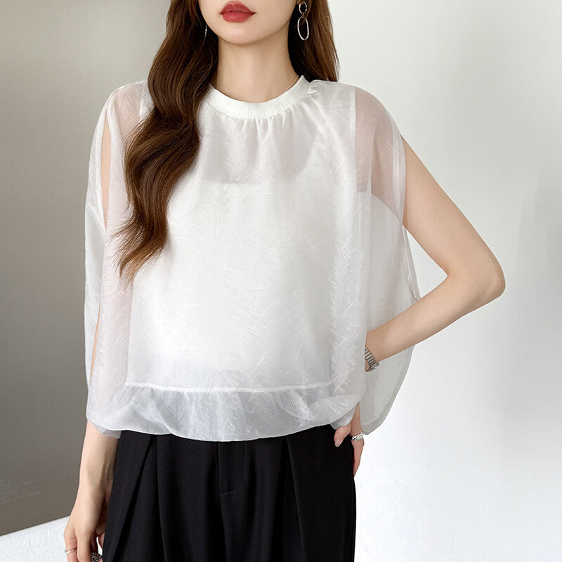 Organza Sheer Blouse | Balloon Silhouette Docking Top -  Écru Doux