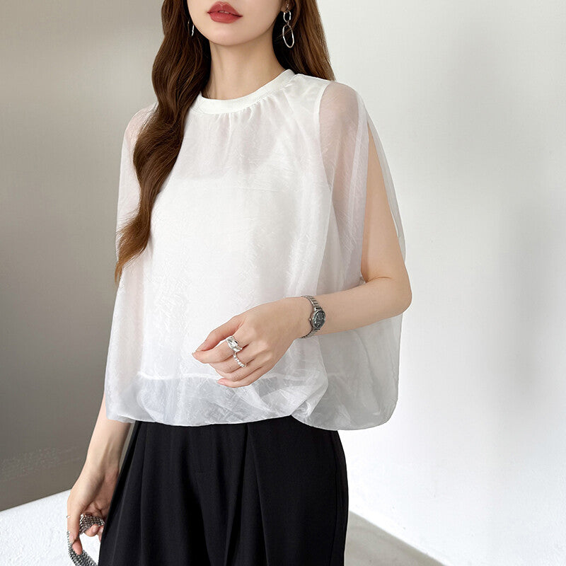 Organza Sheer Blouse | Balloon Silhouette Docking Top -  Écru Doux