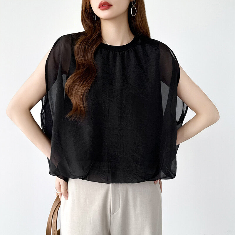 Organza Sheer Blouse | Balloon Silhouette Docking Top -  Écru Doux